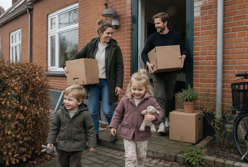 Familie på vej ud af deres rækkehus med flyttekasser